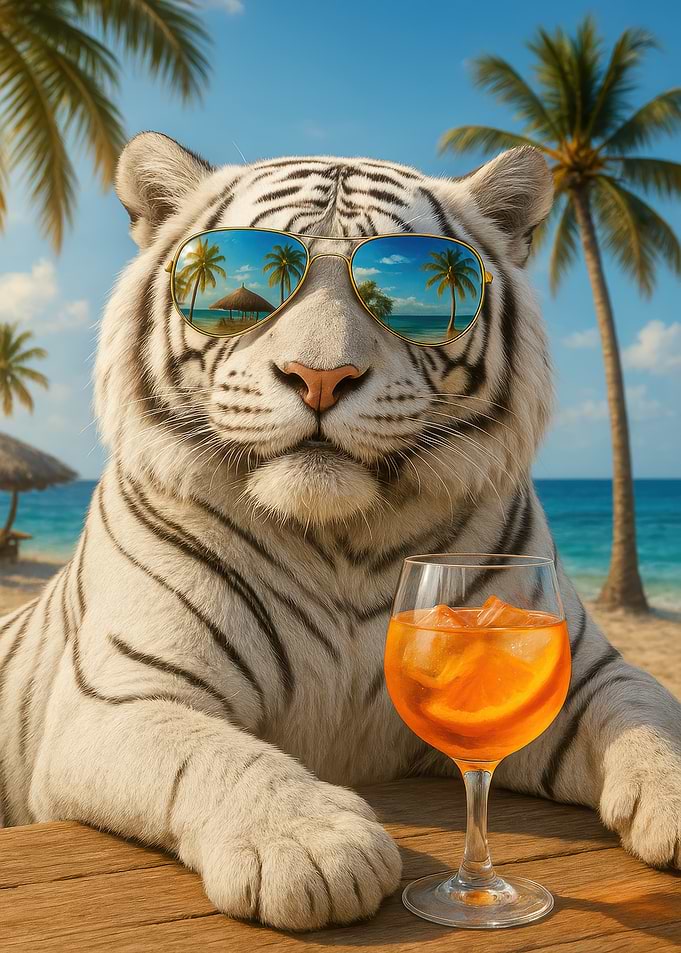 Cool Tiger with Cocktail on Beach