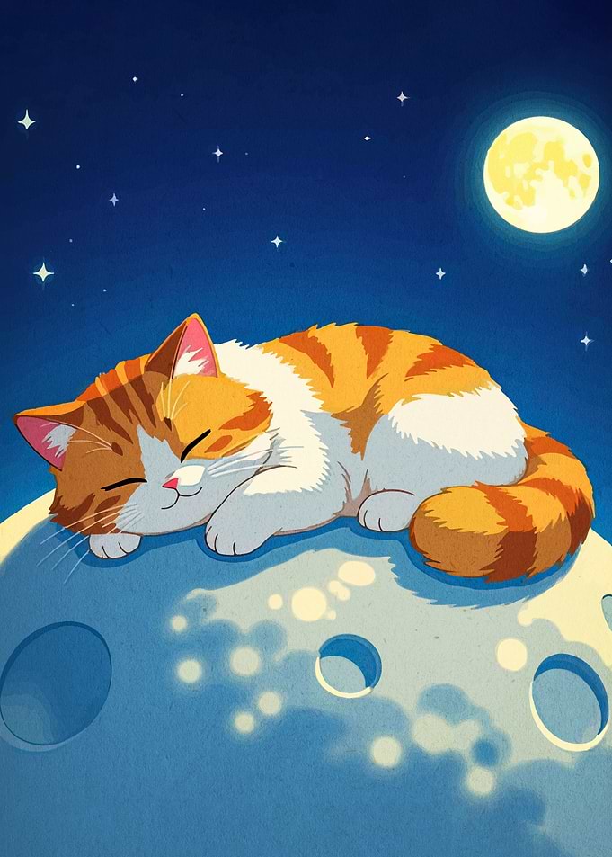 Cat sleeping on the moon cartoon