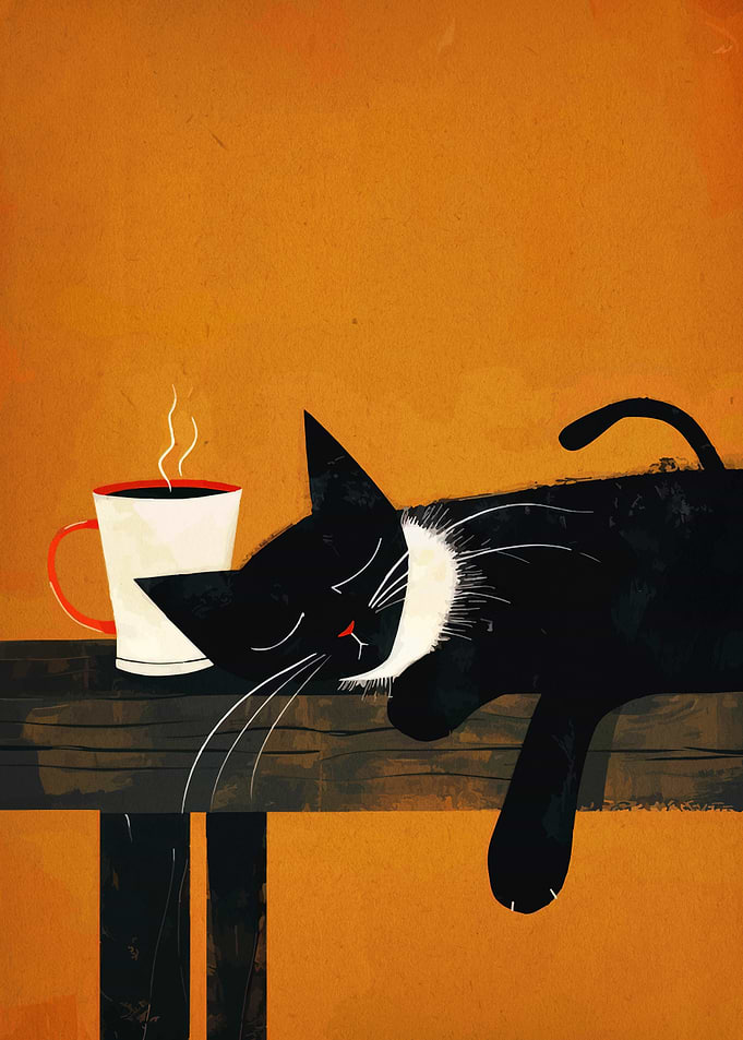Sleeping Cat with Coffee Cup Illustration