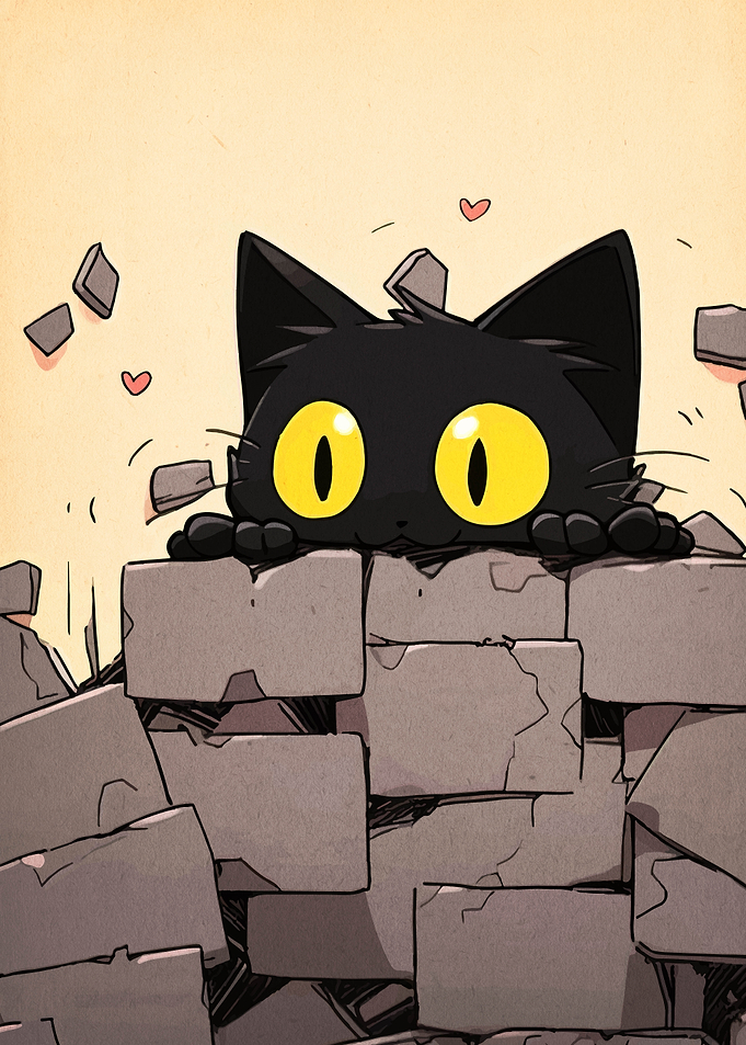 Cute Black Cat Behind Brick Wall