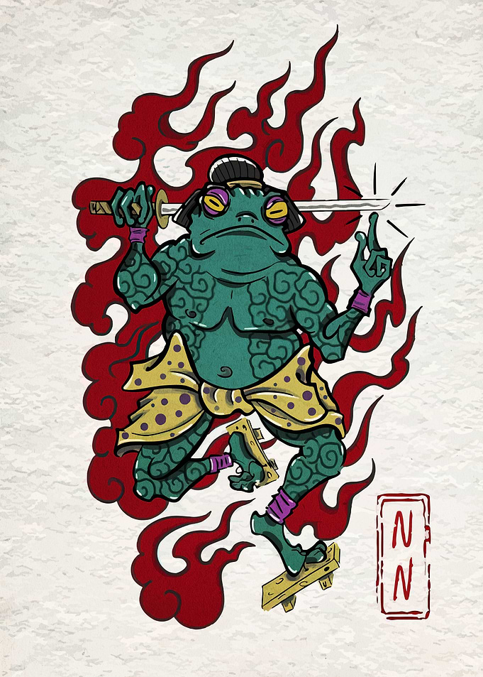 Frog Samurai with Sword and Flames