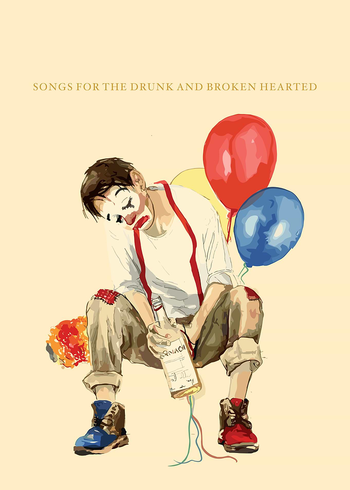 Sad Clown with Balloons and Alcohol Painting