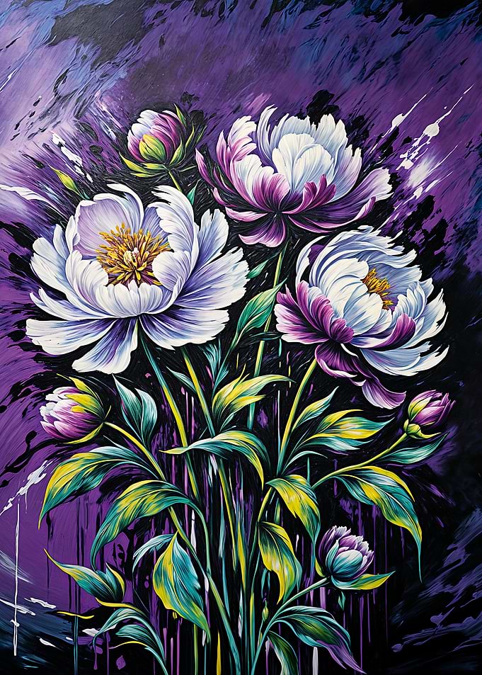 Floral Painting with Purple and White Peonies