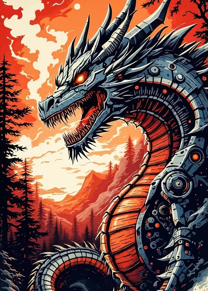Mechanical Dragon Fiery Landscape
