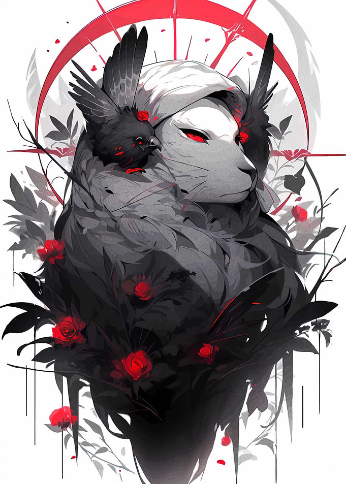 Lion, Bird, and Roses Illustration