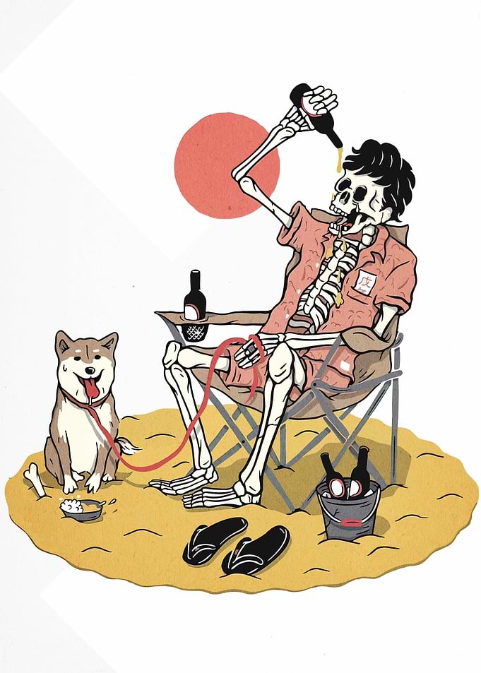 Skeleton chilling with dog on beach