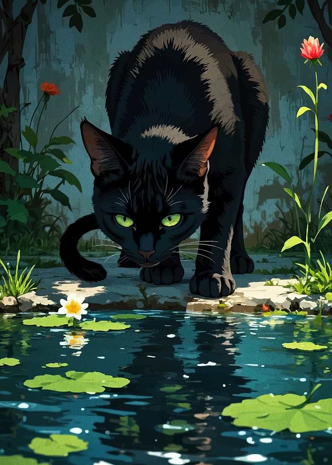 Black Cat by the Pond