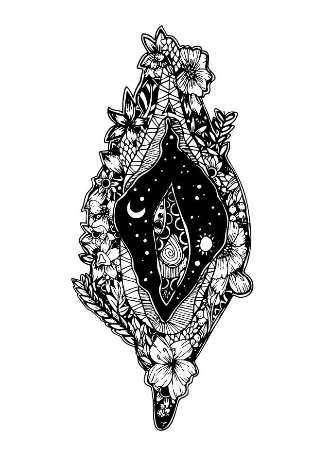 Floral Vulva Black and White Art
