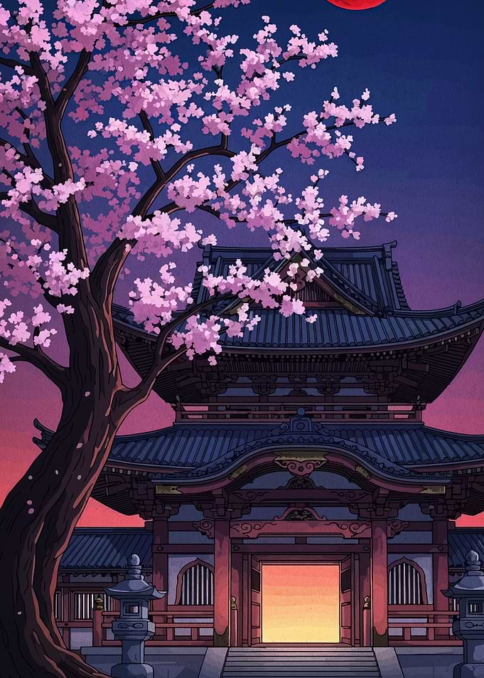 Japanese Temple with Cherry Blossoms