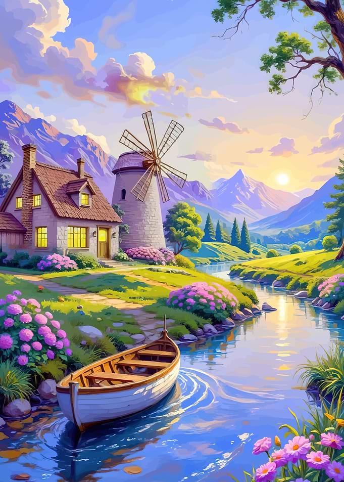 Picturesque Landscape Windmill River