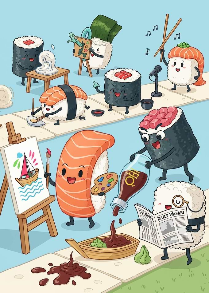 Sushi Cartoon Characters Doing Activities