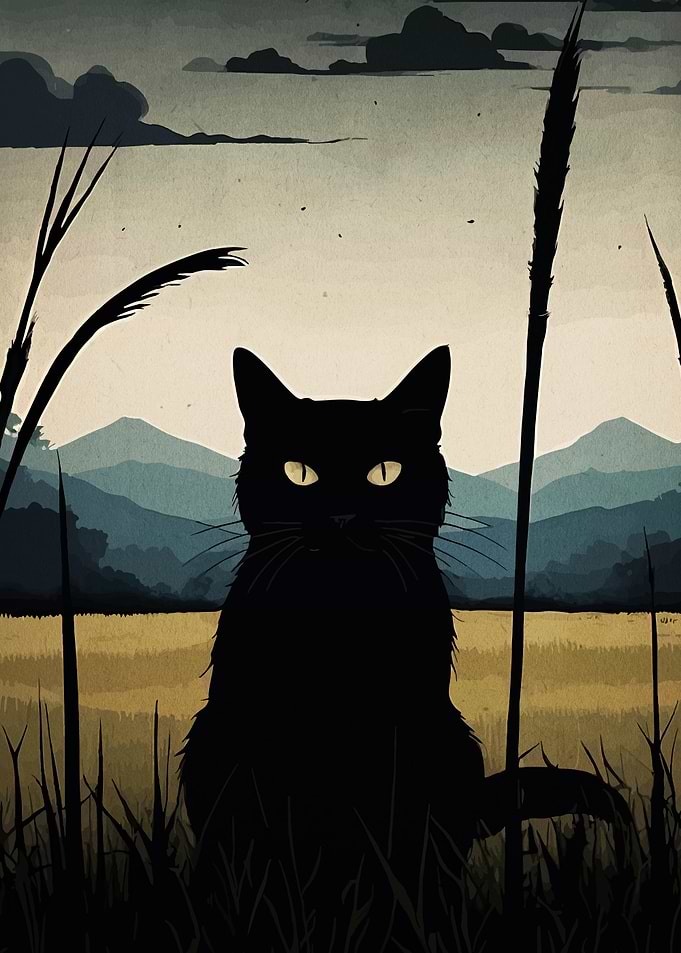 Black Cat in Field Landscape