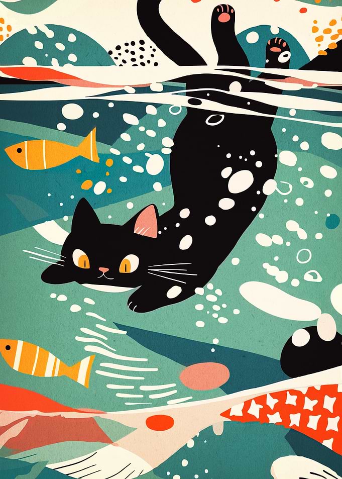 Cartoon Cat Swimming with Fish