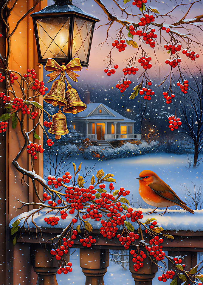 Winter Berries and Bird Scene