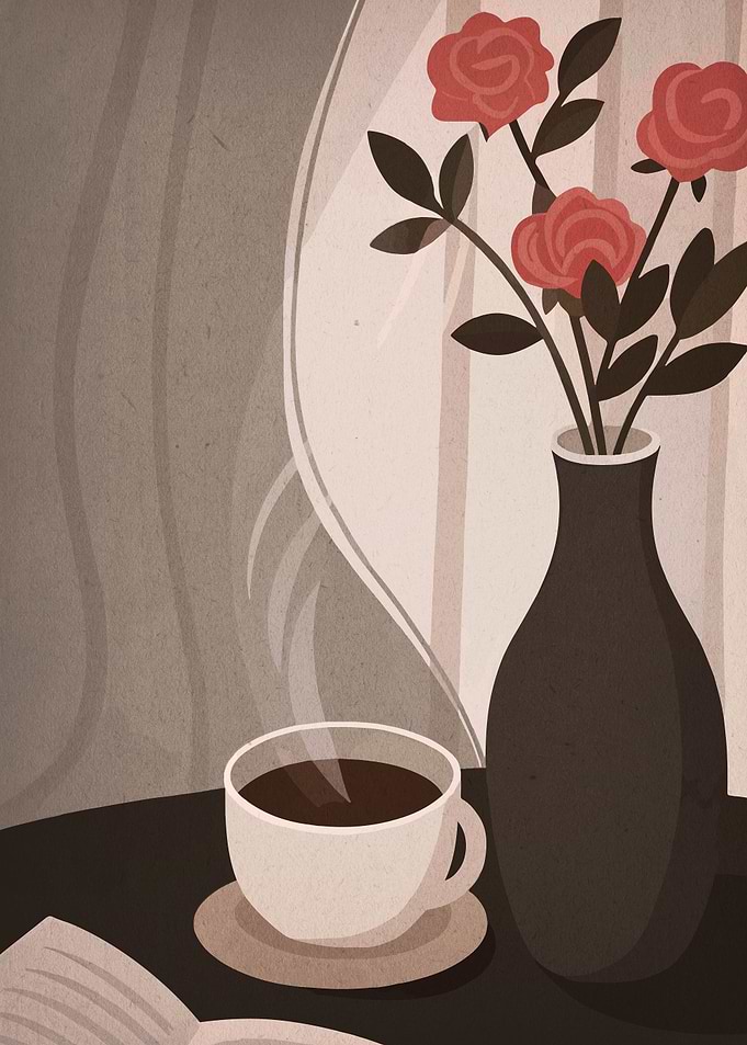 Coffee, Roses, and a Book Still Life