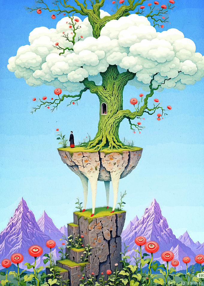 Surreal Floating Island with Tree House