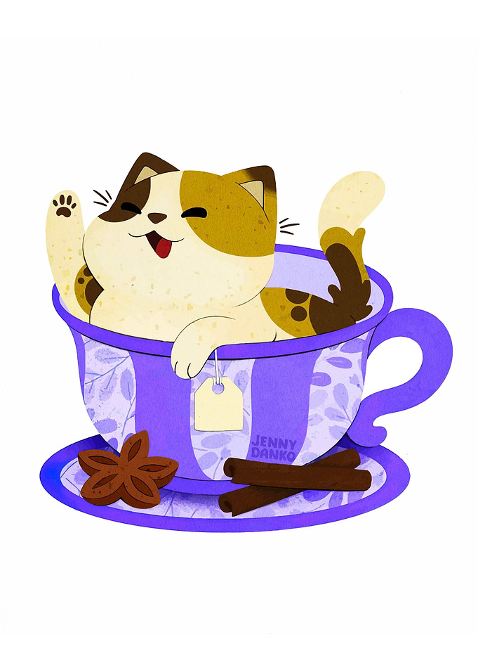 Cat in a Teacup Illustration