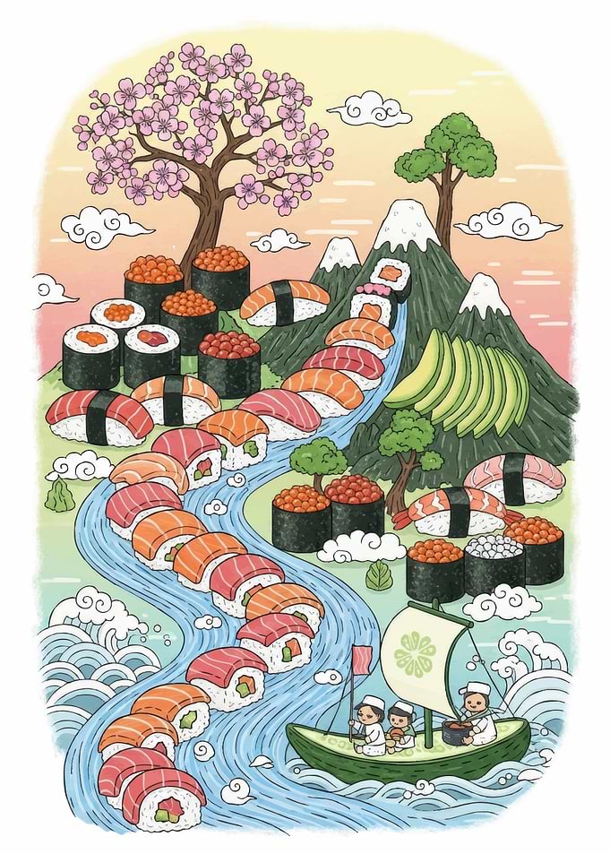 Sushi River Landscape Illustration