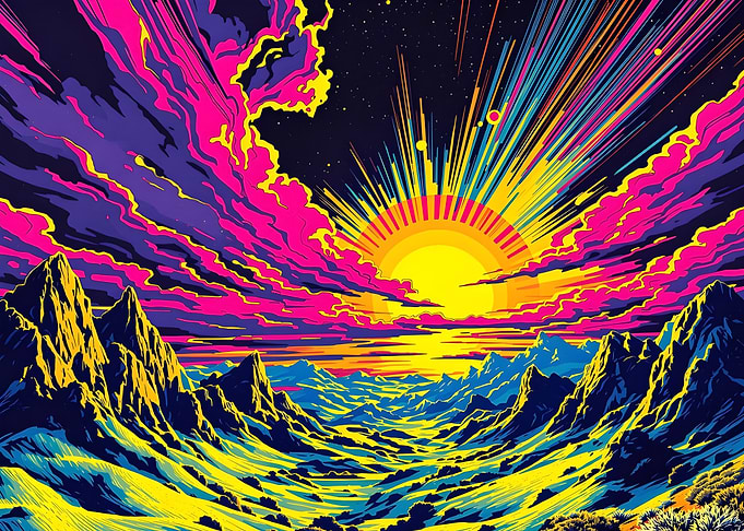 Vibrant Mountain Landscape with Sunburst
