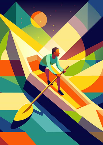 Abstract Kayaker on Colorful Geometric Water