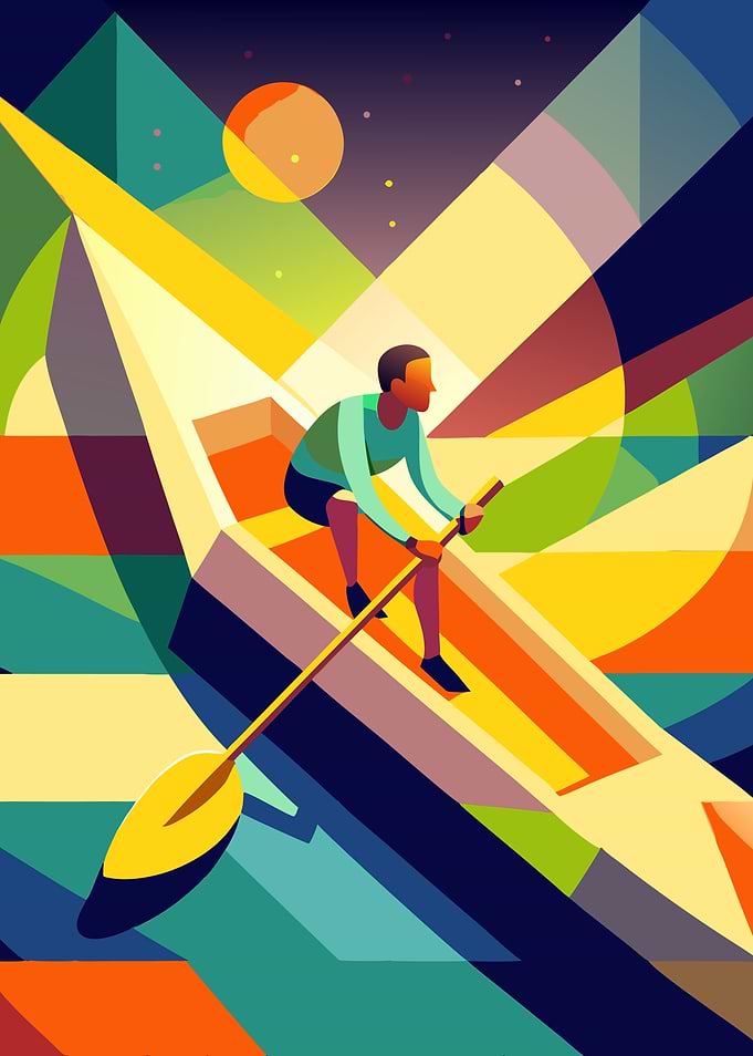 Abstract Kayaker on Colorful Geometric Water
