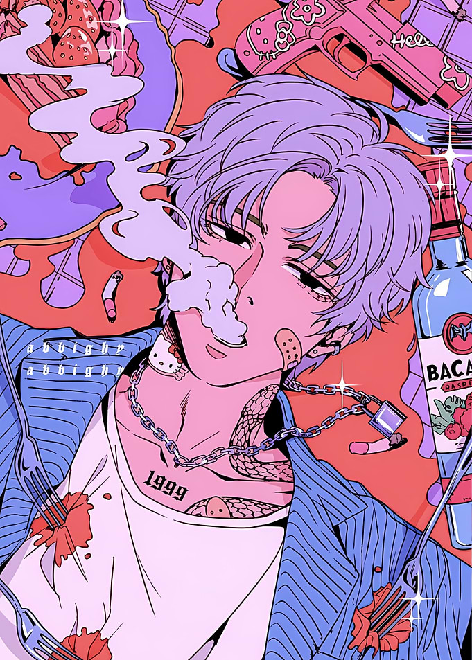 Anime Boy with Smoke and Objects