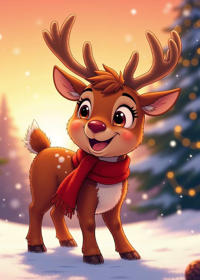 Cute Christmas Reindeer with Scarf on Winter Holiday