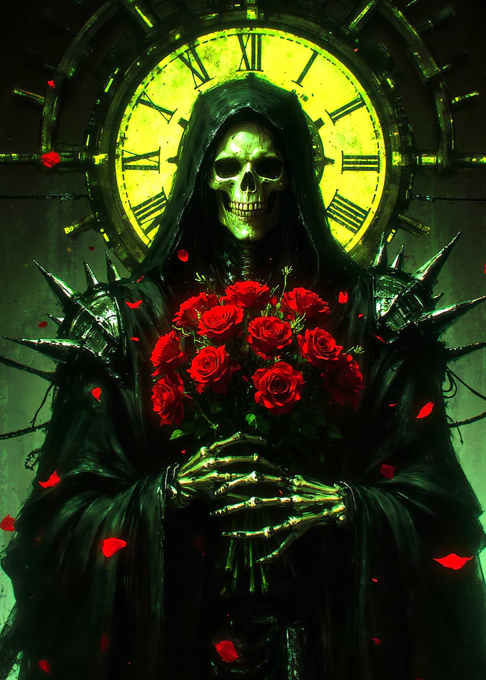 Grim Reaper with Roses and Clock