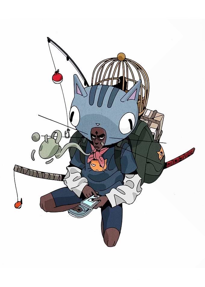 Cartoon Character with Cat Hat and Gear