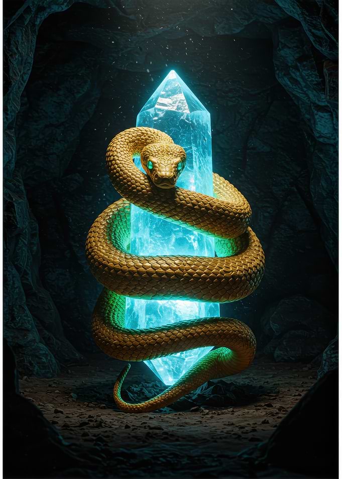 Snake coiled around glowing crystal