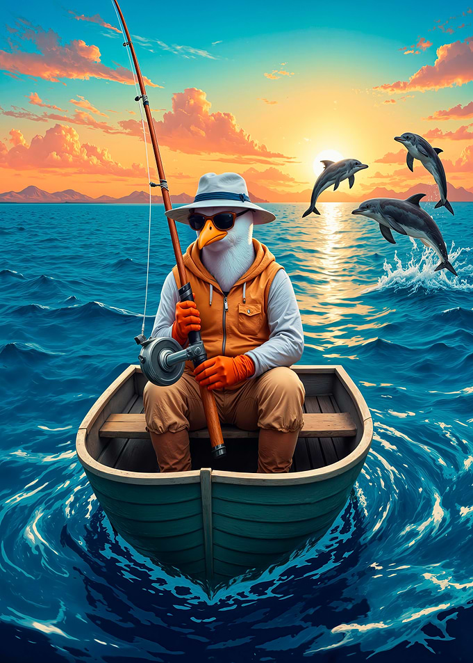 Seagull Fisherman with Dolphins at Sunset