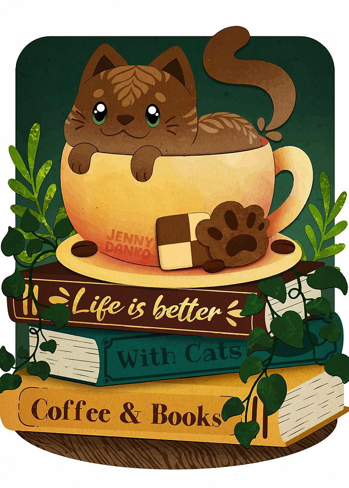 Cat in Coffee Cup on Books
