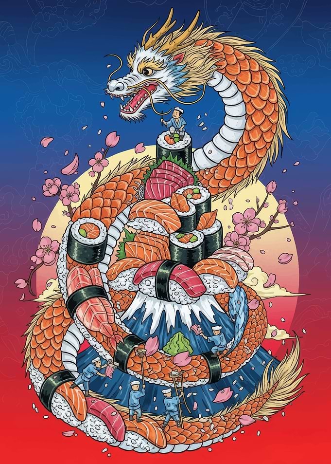 Sushi Dragon Mountain Illustration