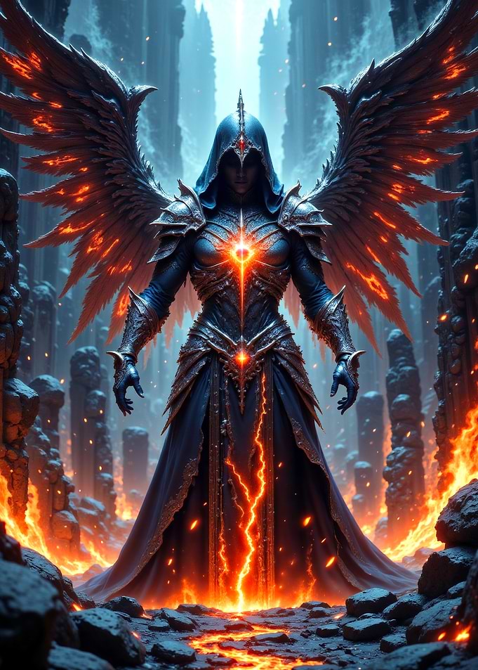 Winged Warrior in Fiery Landscape