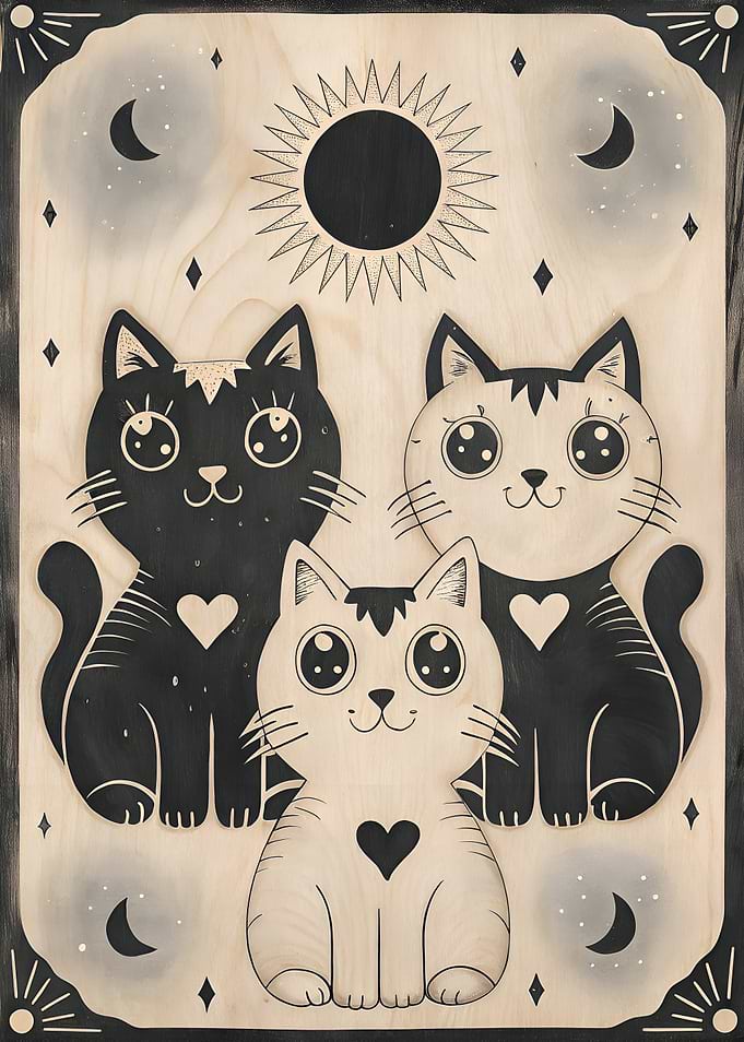 Three Cats with Sun and Moon