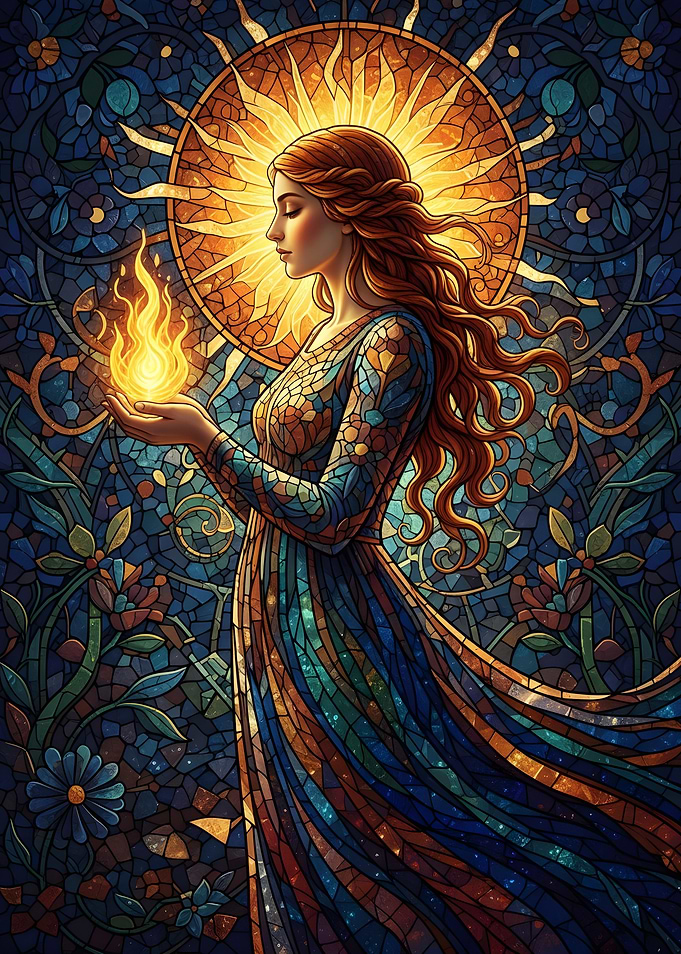Stained Glass Woman with Flame