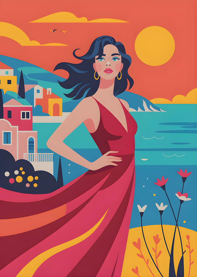 Woman in Red Dress by Seaside