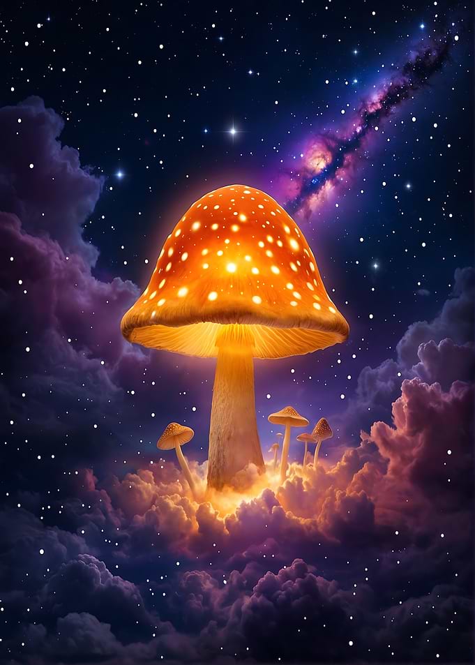 Amanita Nebula Glowing Mushrooms in a Starry Sky