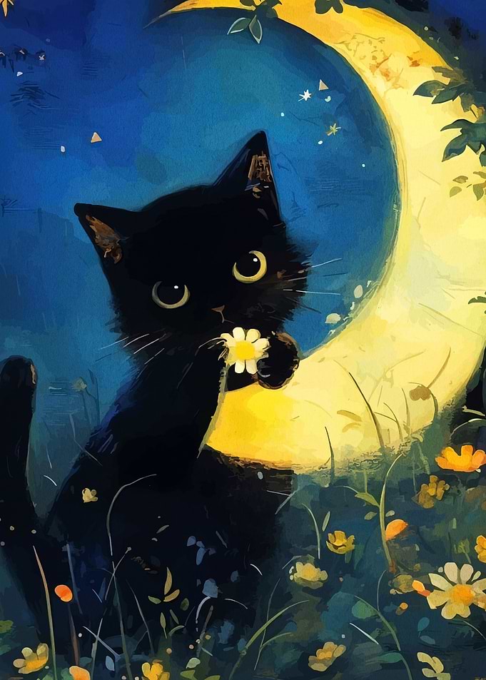 Black Cat with Flower and Moon