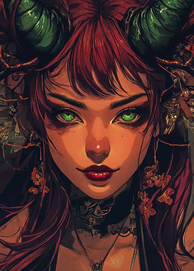 Horned Woman Portrait with Green Eyes