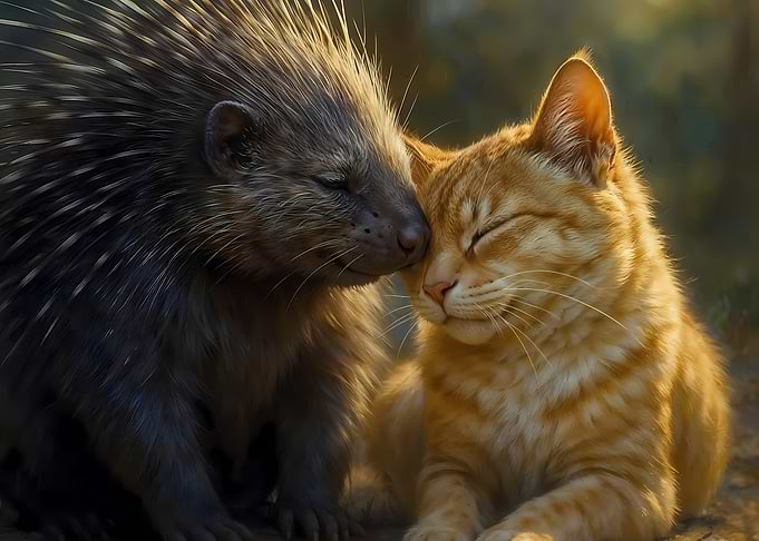 Unlikely Friends - Porcupine and Cat Cuddle