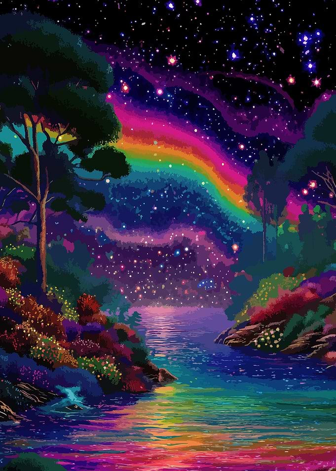 Colorful Night Landscape with Rainbow