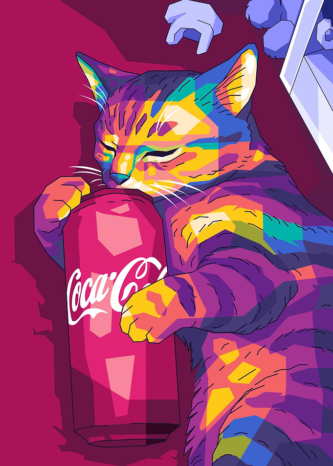 Colorful Cat Hugging Coca-Cola Can