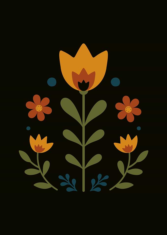 Russian Floral Pattern on Black Background