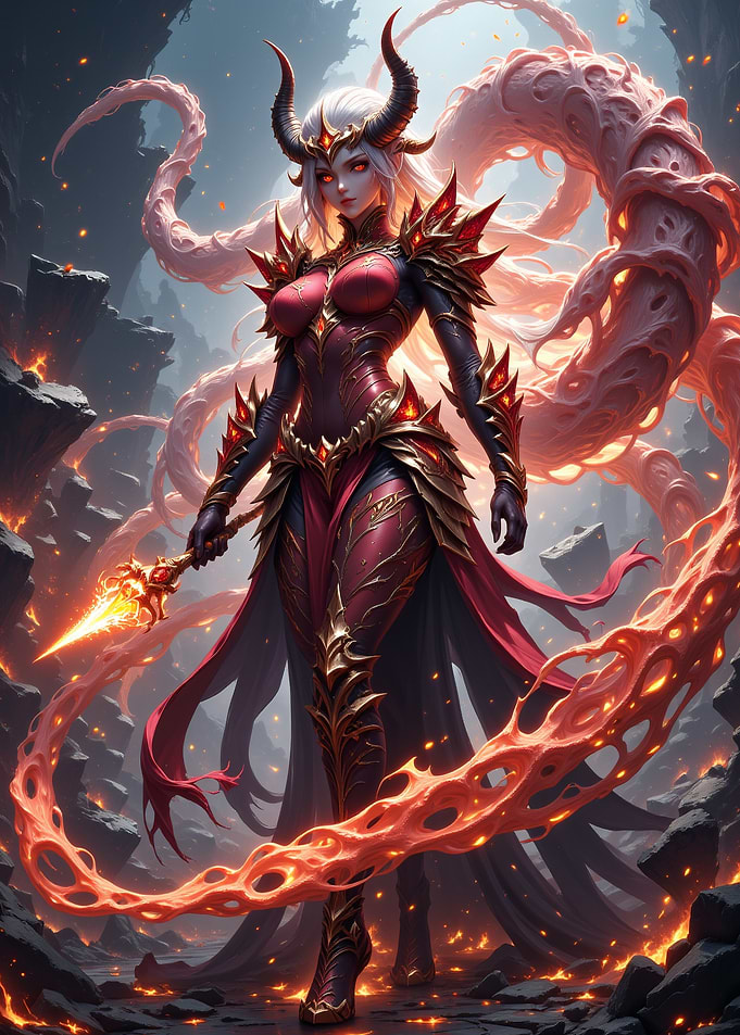 Horned Warrior Woman with Flaming Spear