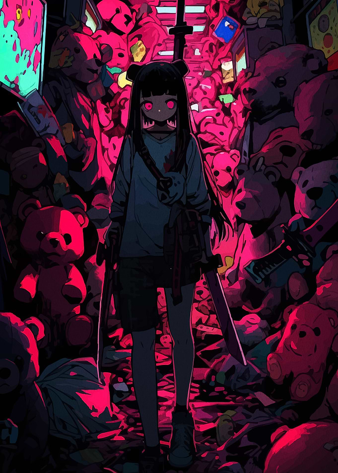 Anime Girl with Swords and Teddy Bears
