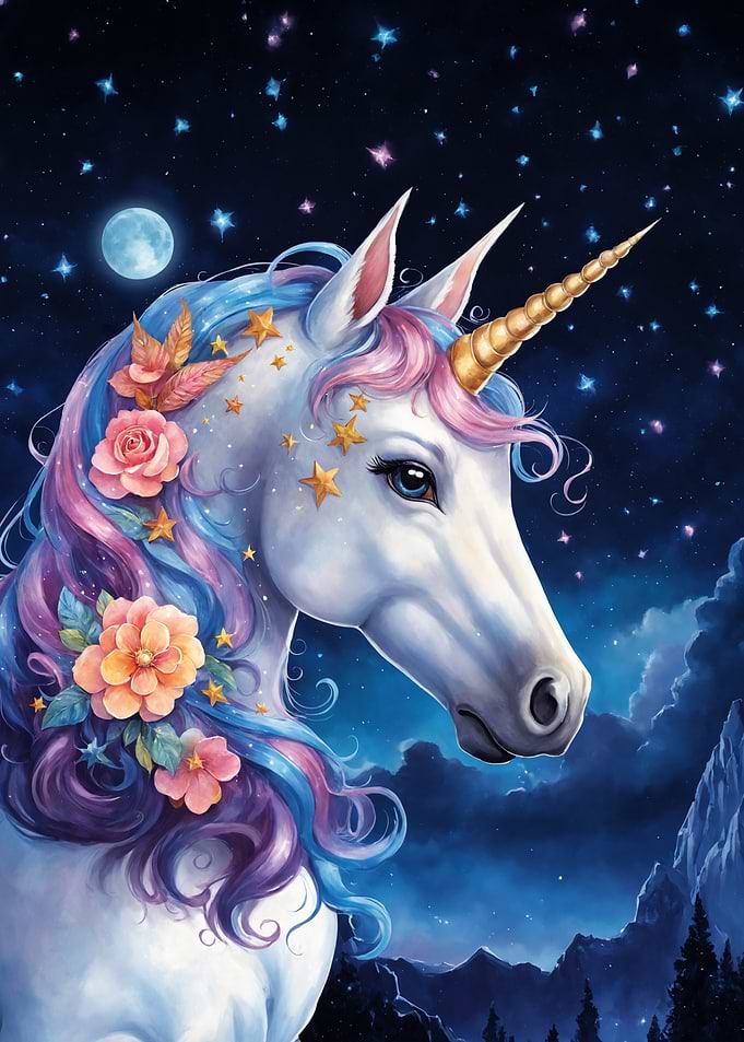 Magical Unicorn in Starry Night