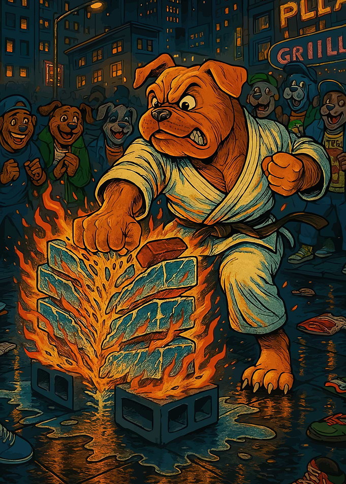 Dog Karate Master Breaking Bricks