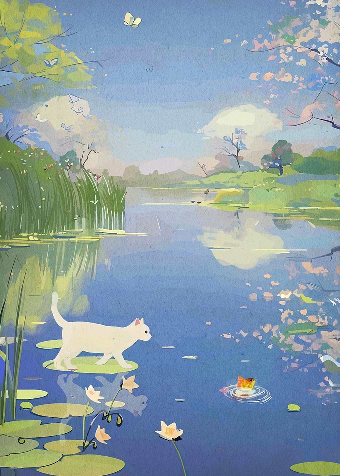 Cat and Frog in Pond