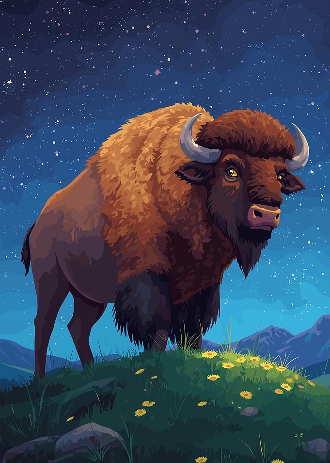 Bison under the starry night sky